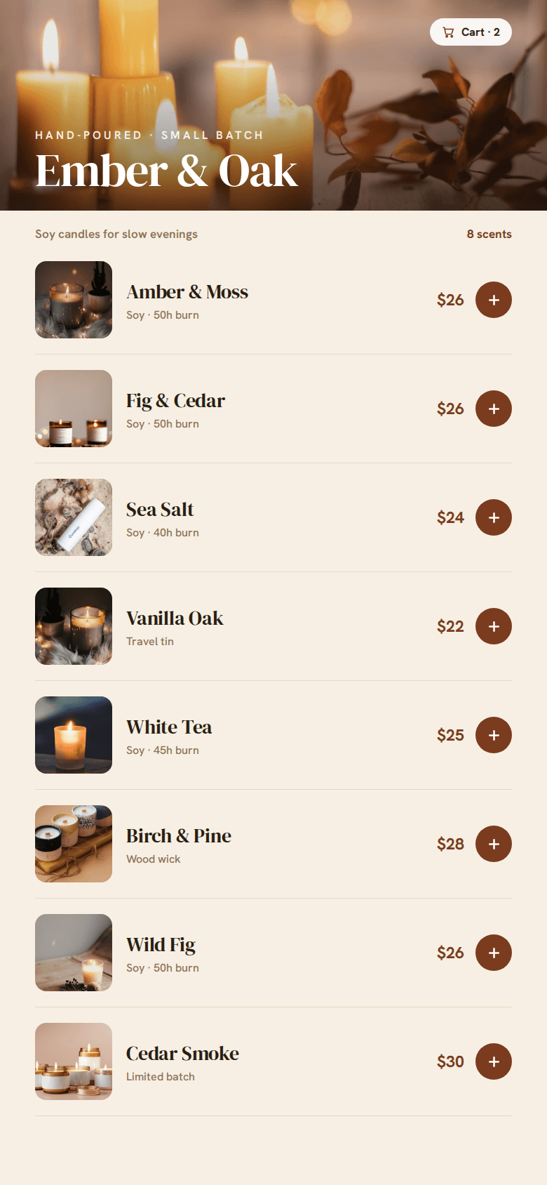 Handmade candle shop page with prices and a WhatsApp order button
